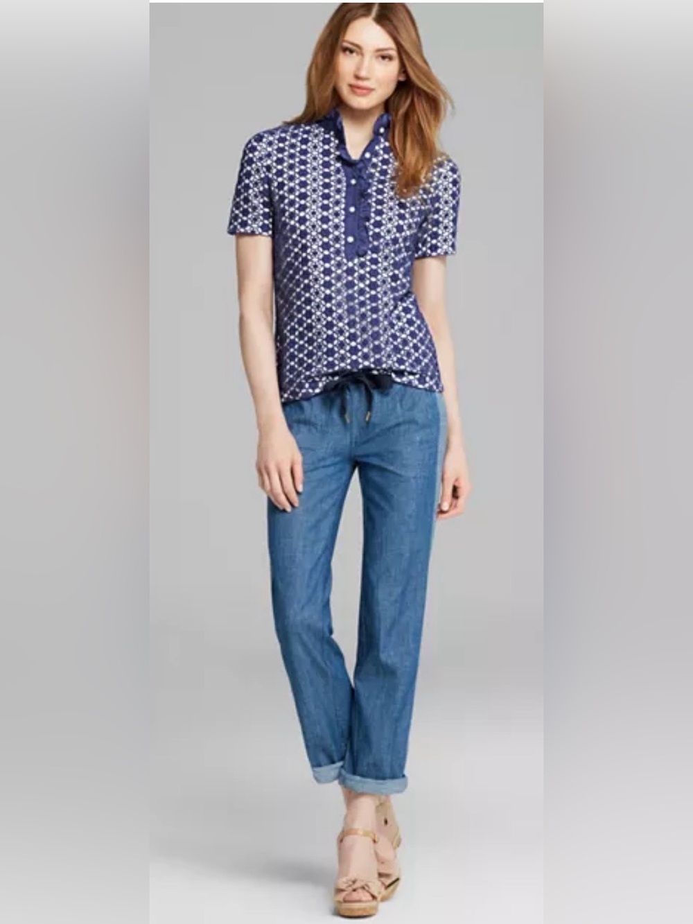 Tory Burch Lidia Cotton Lace Polo Shirt
Ruffle Collar Short Sleeve XS